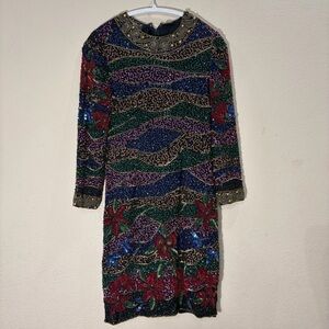 VTG sequined 1980s INDUS V silk beaded Multi Florals disco dress Party 15” PTP